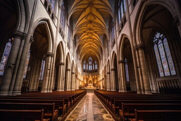 Fototapeta premium wide angle shot of nave and gothic architecture, created with generative ai