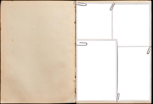 A vintage book page with blank photo frames attached with paper clips.