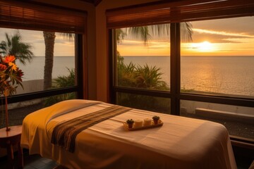 wellness retreat with view of the ocean or lake for ultimate relaxation, created with generative ai