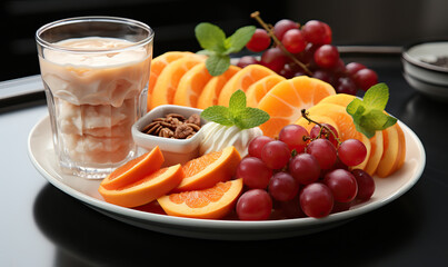 Breakfast plate with different fruits on the table.