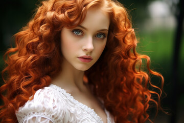 a redhead long hair young woman posing outdoors, long curley eair extensions eyes to camera, with a short white lace dress, low cut, in the style of romantic academia made with AI generative technolog