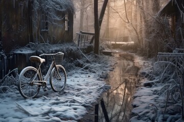 abandoned bike near a frozen stream with snowflakes falling, created with generative ai