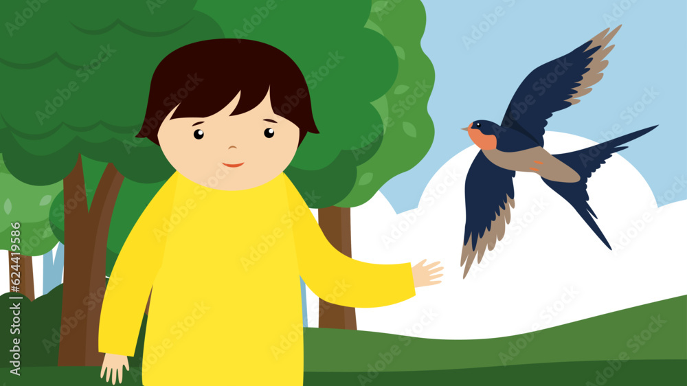 Poster boy and swallow in the park. vector illustration in flat style.