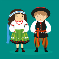 Cute cartoon girl and boy in national costume. Vector illustration.