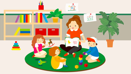 Obraz na płótnie Canvas Vector illustration of a teacher and children playing together in the classroom.