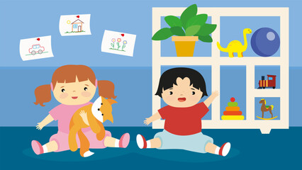 Children playing at kindergarten. Vector illustration in flat style. Boy and girl playing together.