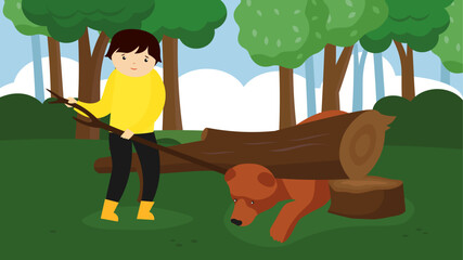 Boy playing with dog in the forest. Vector illustration in flat style