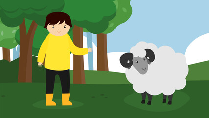 Sheep and boy in the park. Vector illustration in flat style