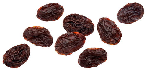 Falling raisins isolated on white background