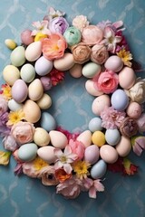 Fototapeta na wymiar decorative easter wreath with pastel-colored eggs and flowers, created with generative ai