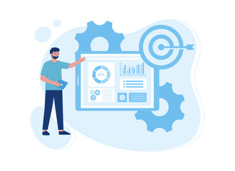 Tablet with data, targets and settings concept flat illustration