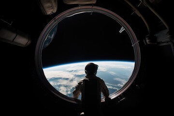 Astronaut stand near round window with view on earth in space station in space - Powered by Adobe
