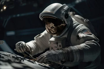 Fototapete UFO Astronaut spaceman do spacewalk while working for space station in outer space