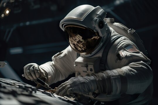 Astronaut spaceman do spacewalk while working for space station in outer space