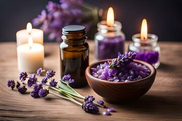 Fototapeta na wymiar Lavender essential oil with lavender flowers and candles and amethyst crystals. Spa and skincare promotional design