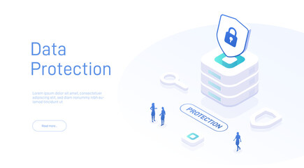 Security data protection isometric. Big data. Cloud technology. Cloud database, web hosting server room. Isometric database protection concept. Big data flow processing data protection concept.