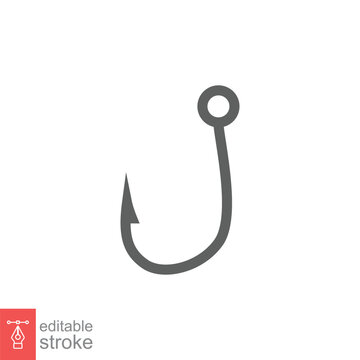 Fish hook icon. Simple outline style. Fishhook, angler, trap, metal sharp needle, fishing equipment concept. Thin line symbol. Vector illustration isolated on white background. Editable stroke EPS 10.
