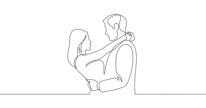 Animation of an image drawn with a continuous line. Man and woman hug and look each other in the eye.