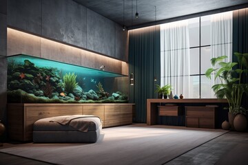 minimal room with an aquarium as a focal point, created with generative ai