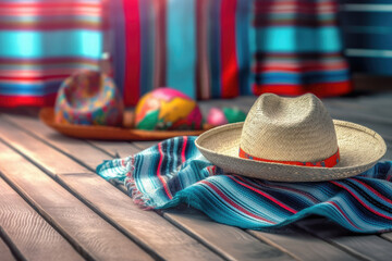 traditional mexican hat on wooden table. Copy space