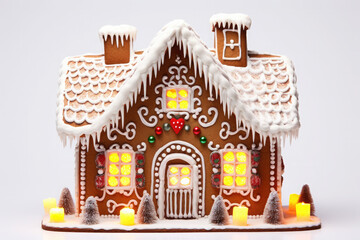 Christmas gingerbread house decorated with candies and glaze on wooden table