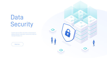 Security data protection isometric. Big data. Cloud technology. Cloud database, web hosting server room. Isometric database protection concept. Big data flow processing data protection concept.