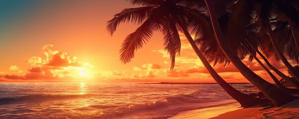 Fototapeta na wymiar Beauty of beach oceans and romantic sunsets. Majestic palm trees, sunsets and beautiful seascape in paradise