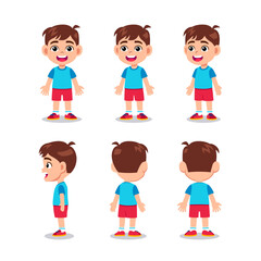 Cute little kid boy character turn around with happy expression and standing poses