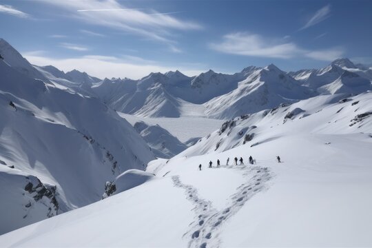 a view of the snow-covered mountain range, with skiers, snowboarders and snowshoe trekkers in action, created with generative ai