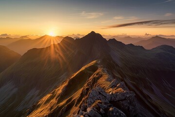 stunning mountain range, with the sun setting beyond the peaks, viewed from above and below, created with generative ai