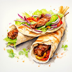 Pork shish kebab isolated on white background, top view Generative AI technology