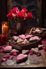 Obraz na płótnie Canvas valentines day heart-shaped chocolates and roses, created with generative ai