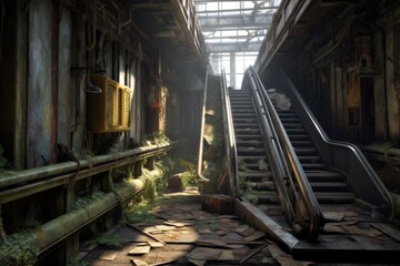 crumbling interior escalator in disrepair, created with generative ai