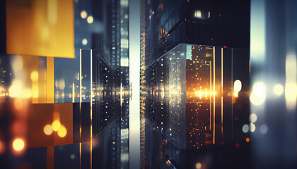 Background of future urban and corporate architecture. Real estate idea with bokeh, motion blur, and a reflection in a glass panel of a skyscraper facade Ai generated image