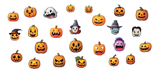Halloween pumpkin set, funny faces. Autumn holidays. Vector illustration, editable, ready to print.