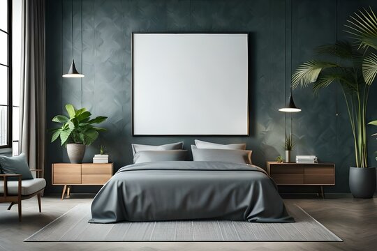 Mockup big square photo frame close up on wall with tropical plant, 3d render, dark bedroom