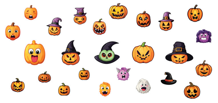 Halloween pumpkin set, funny faces. Autumn holidays. Vector illustration, editable, ready to print.