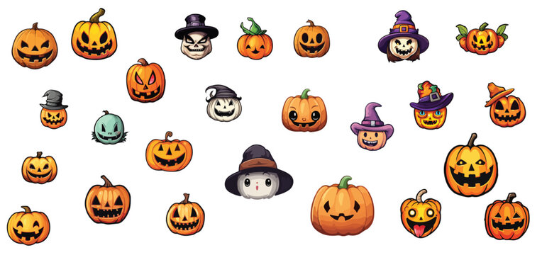 Halloween pumpkin set, funny faces. Autumn holidays. Vector illustration, editable, ready to print.
