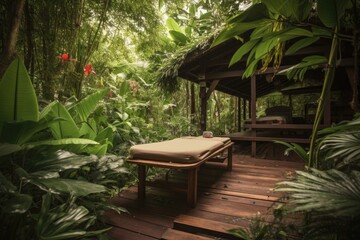 rejuvenating massage on wooden deck, surrounded by lush greenery, created with generative ai