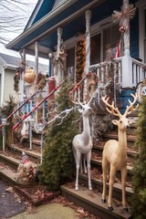 family holiday decorations displayed on the front porch, created with generative ai
