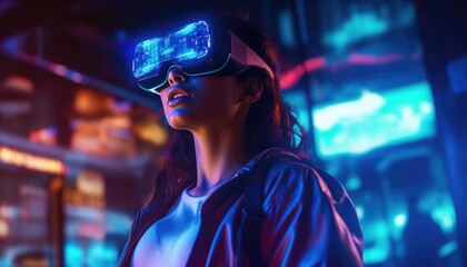 young woman wearing the virtual reality glasses in a city at night