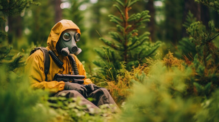 A suited individual amidst heavy air pollution, highlighting the importance of respiratory protection and safety protocols in hazardous environments. AI generated