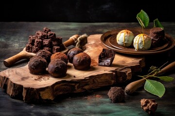 handcrafted chocolate truffles on rustic wooden board, created with generative ai