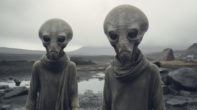 Serious and enigmatic aliens with intense gazes and mysterious features, AI generated