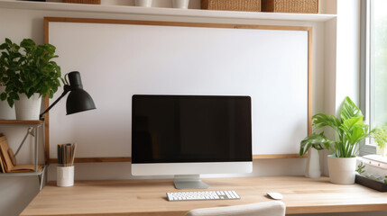 A computer screen mockup placed on a clean and minimalist desk, adding a touch of modernity to any workspace. AI generated