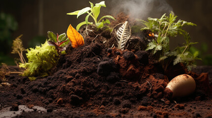 A close-up of a compost filled with kitchen scraps and garden waste, contributing to sustainable gardening practices. AI generated