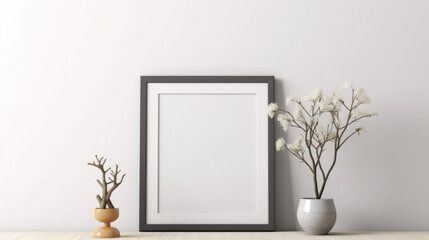 An empty mockup frame hanging on a pristine white wall, offering a minimalist backdrop for showcasing artwork or photography. AI generated