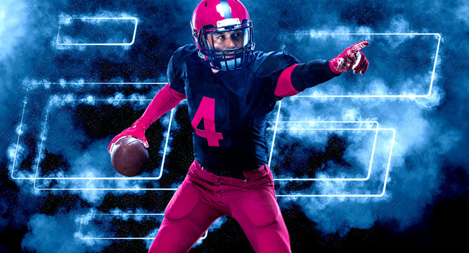 American football player banner with neon colors. Collage, poster. Design for flyer ad. Mockup for betting advertisement. Sports betting, football betting, gambling, bookmaker, big win