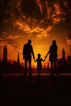 silhouette of a family holding hands at sunset, created with generative ai