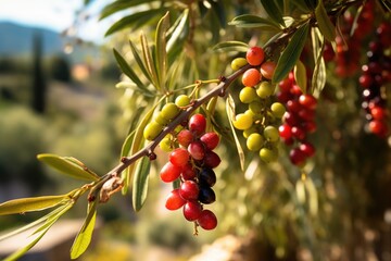 Obraz premium close-up of ripe olives on tree branch in sunlight, created with generative ai